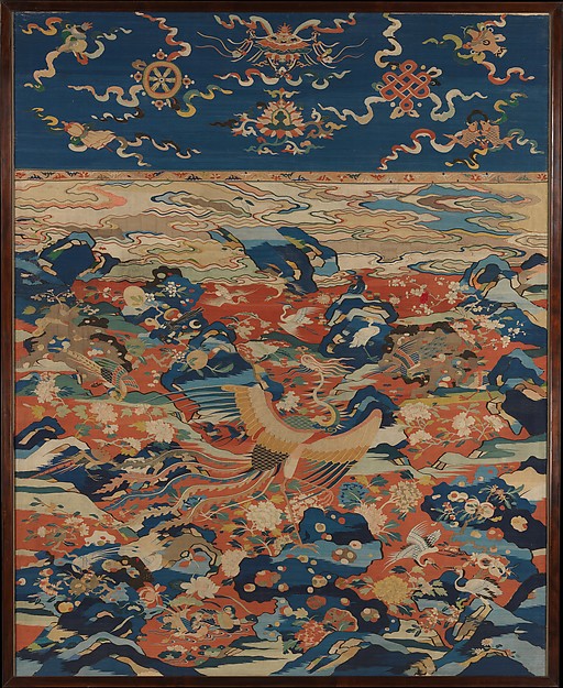Paneel met een feniks en vogels in een rotstuin, zijde en metaaldraad tapisserie, Ming-dynastie.