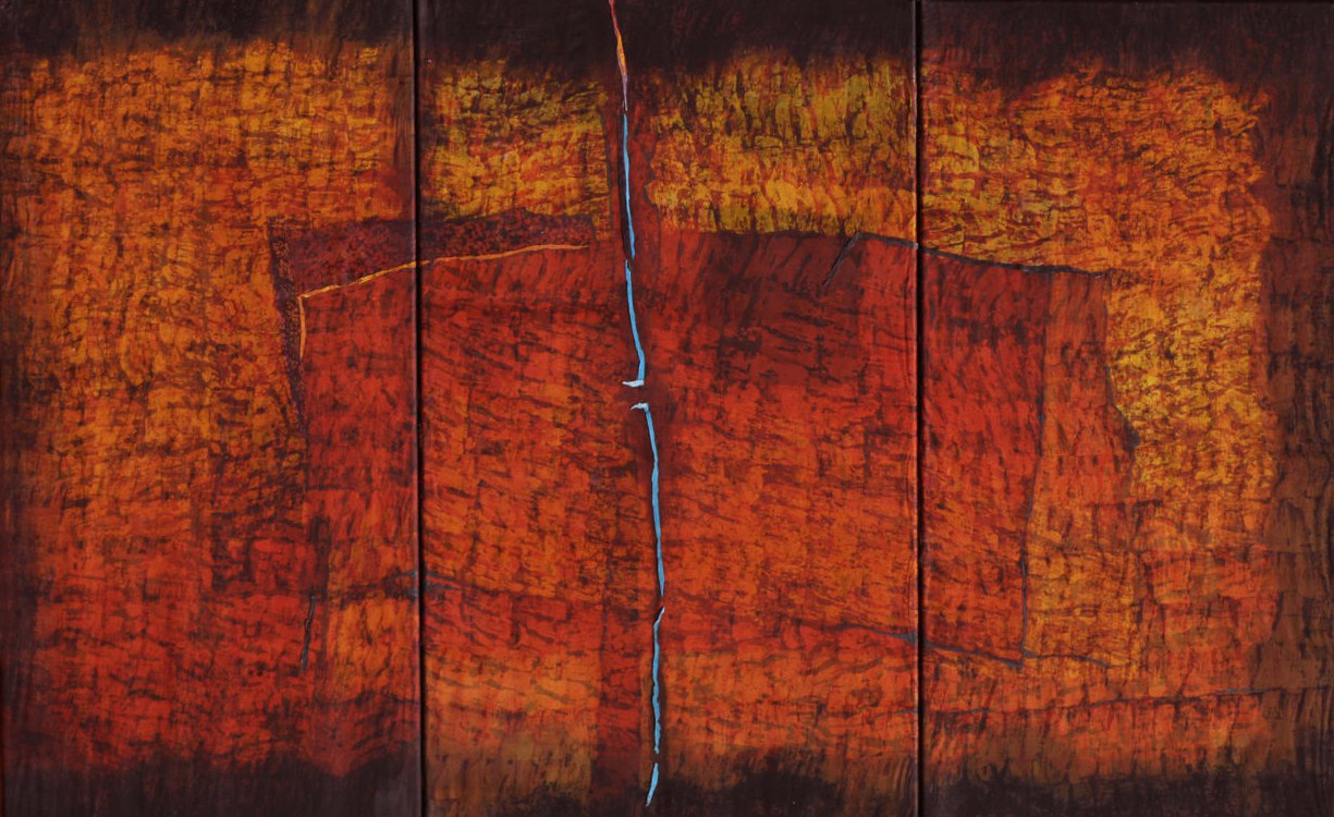 Joachim Blank, red roof, 2009, batik op katoen en organzazijde.
