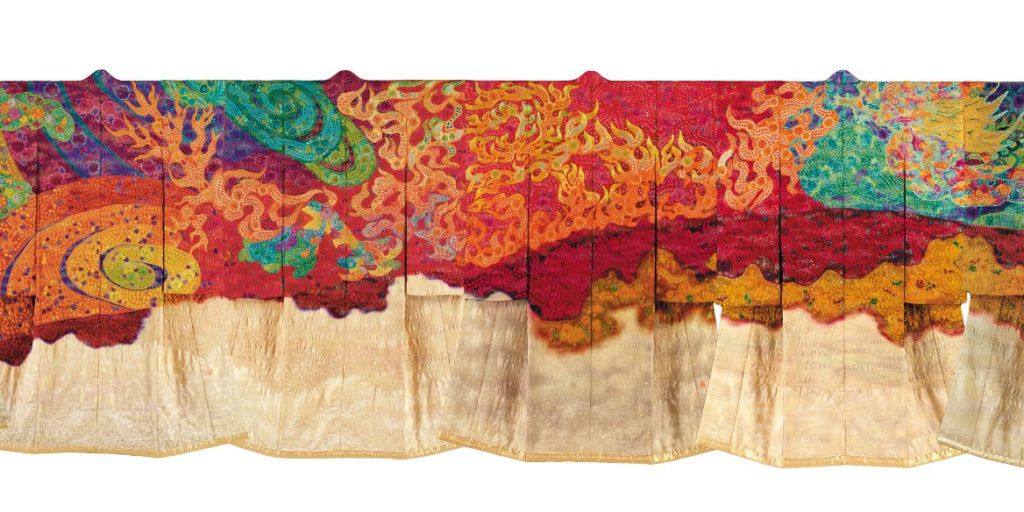 Op deze foto is goed te zien hoe een afbeelding over diverse kimono's is afgebeeld.