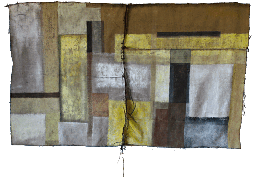 Compositie op Grove Jute 52, acryl op jute, 200 x 140 cm.