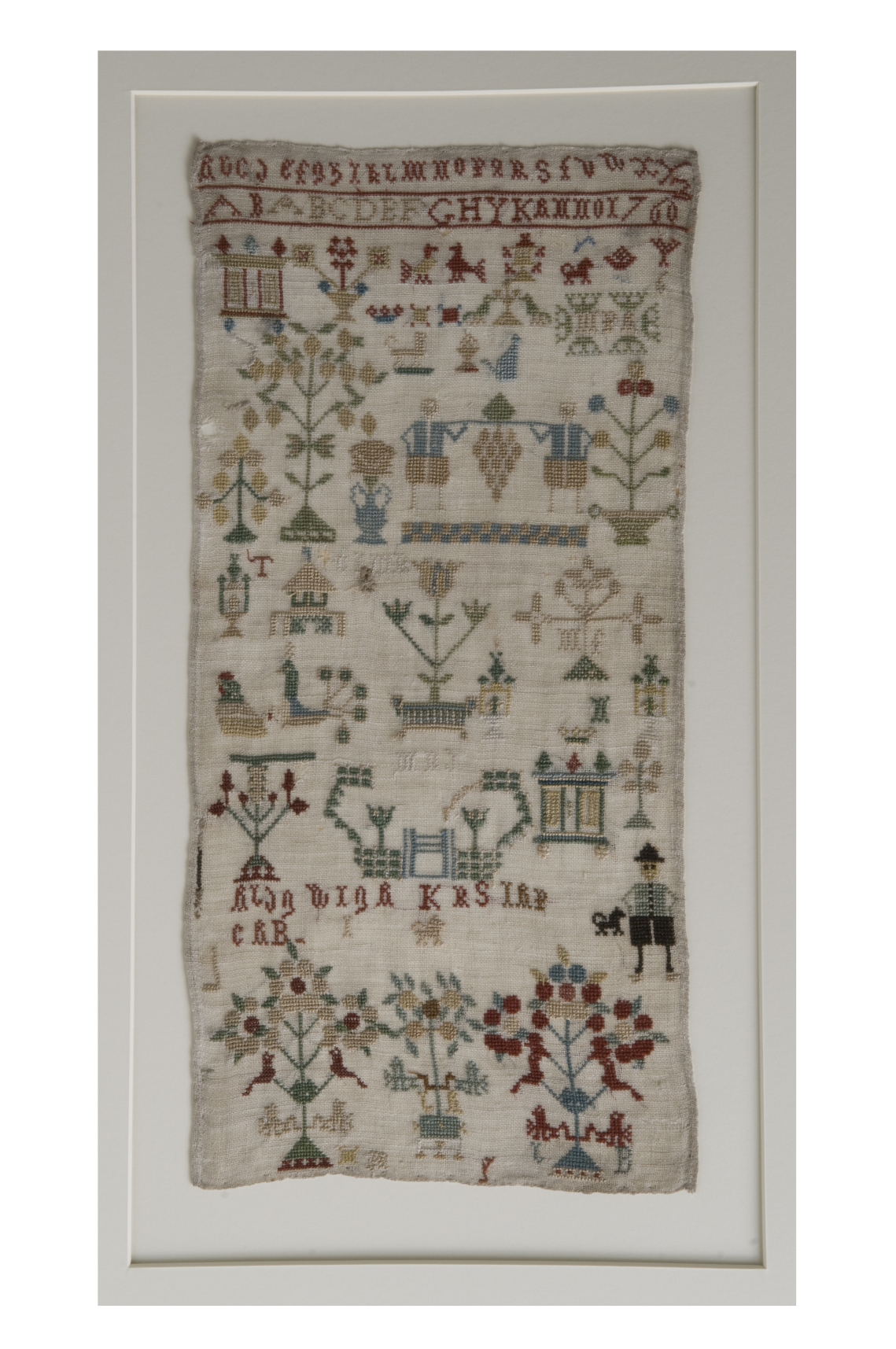 Merklap uit 1760 'MPA MF', bruikleen Stadhuismuseum Zierikzee.