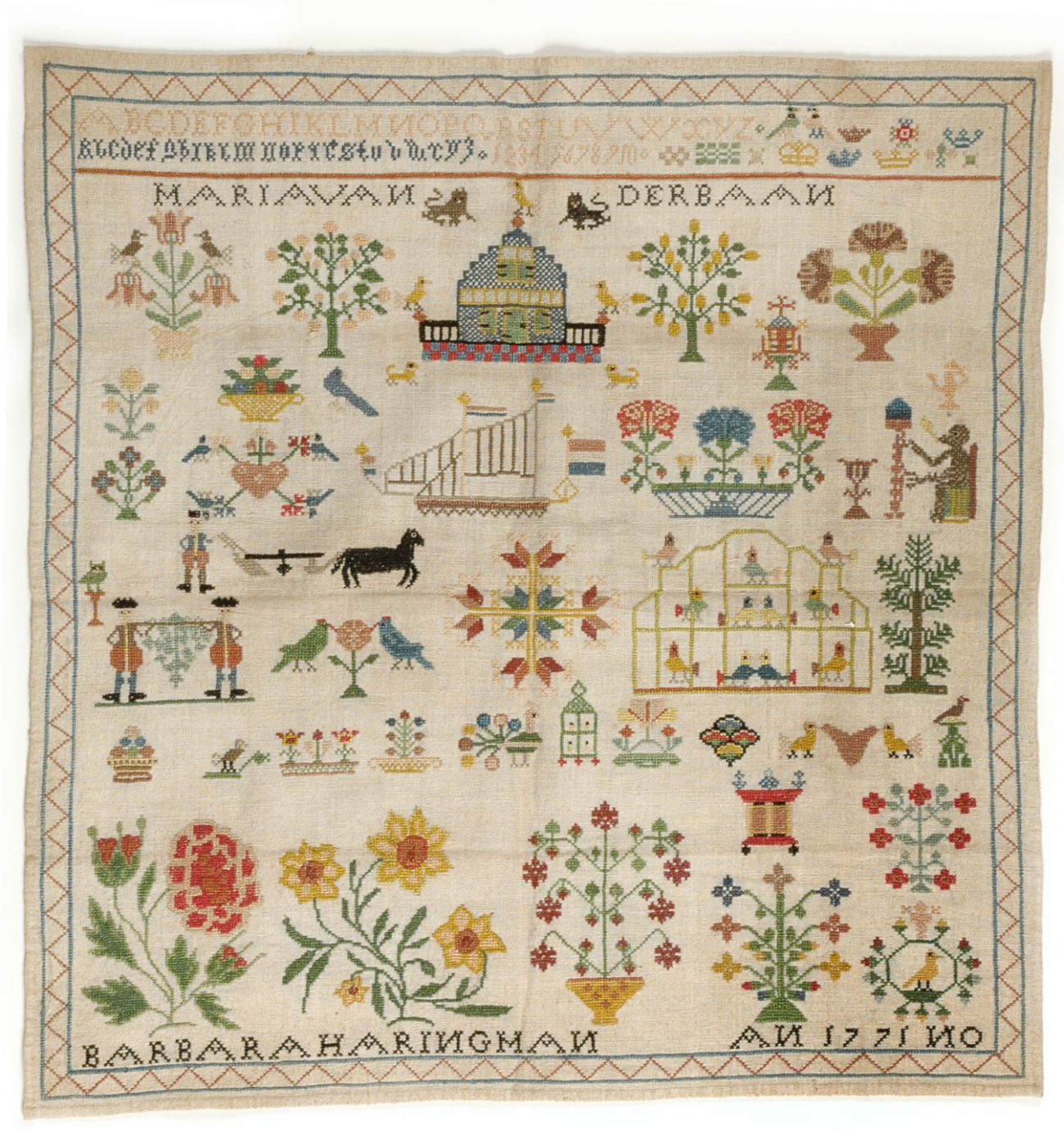 Merklap uit 1771 door Barbara Haringman uit Middelburg, particulier bezit.