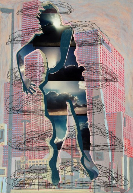 Malou Busser - Wolkensprong, acrylverf, borduurzijde op doek, 80 x 115 cm.
