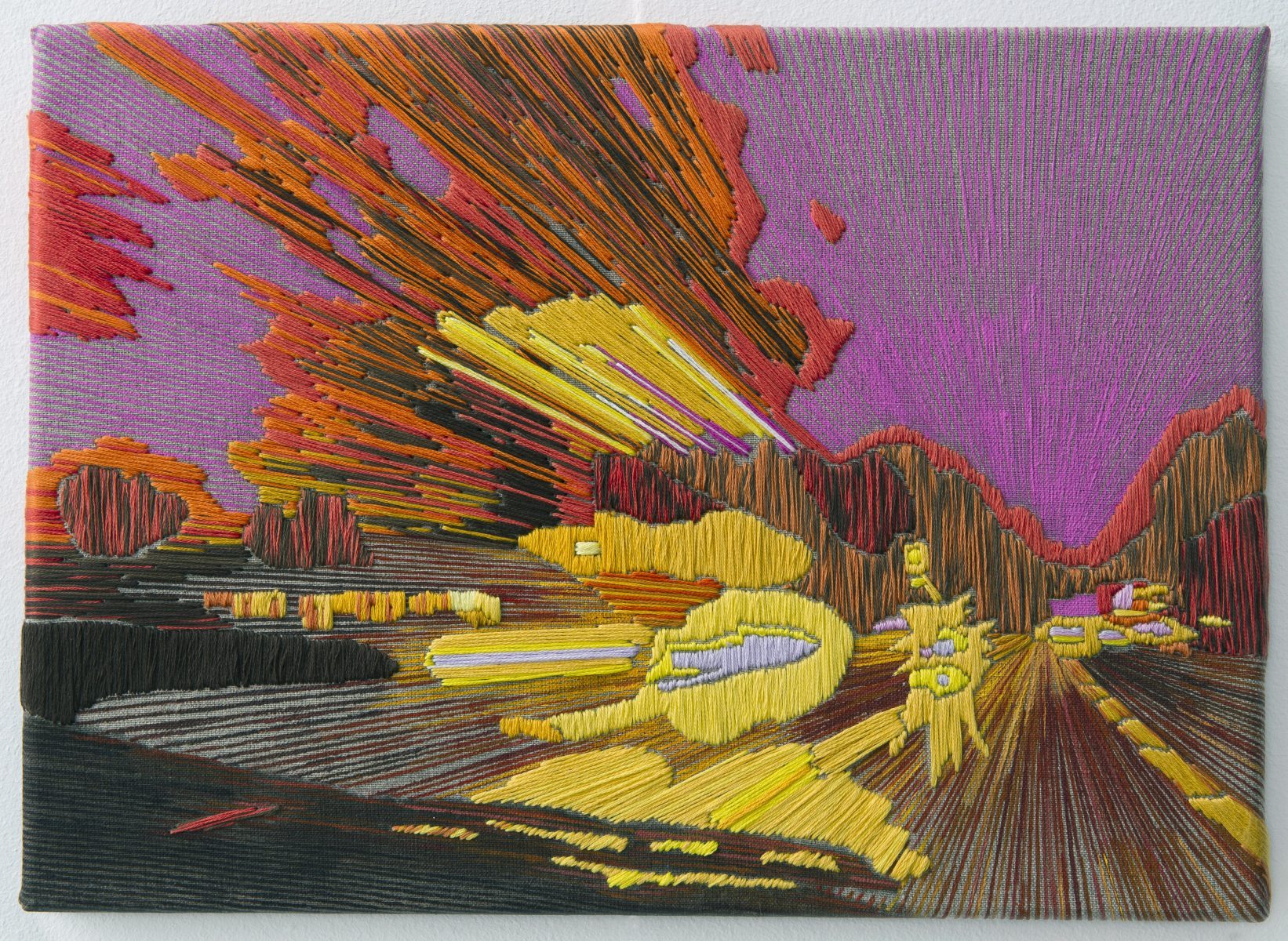 Pauline Nijenhuis - Snellandschap Oranje, handgeborduurd, 20 x 35 cm, 2016, foto Ivonne Zijp.