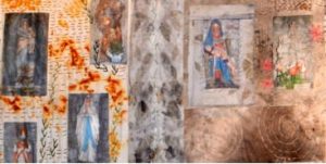 Detail uit de 'Heiligenmuur', foto's met gelmedium overgebracht op stof, roesten en ecoprinten.