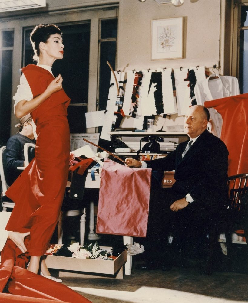 Christian Dior met model Lucky, circa 1955.