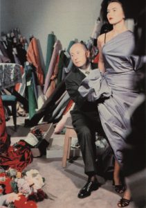 Christian Dior met model Sylvie, circa 1948.