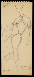 Schets van Christian Dior voor model Londres, herfst-winter 1950 Haute Couture collectie.