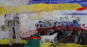 Alice Kettle, Loukanikos, the Dog and the Cat’s Cradle, 2015, garen, stof, glas, koperdraad, verf en veren op canvas - foto Joe Low.