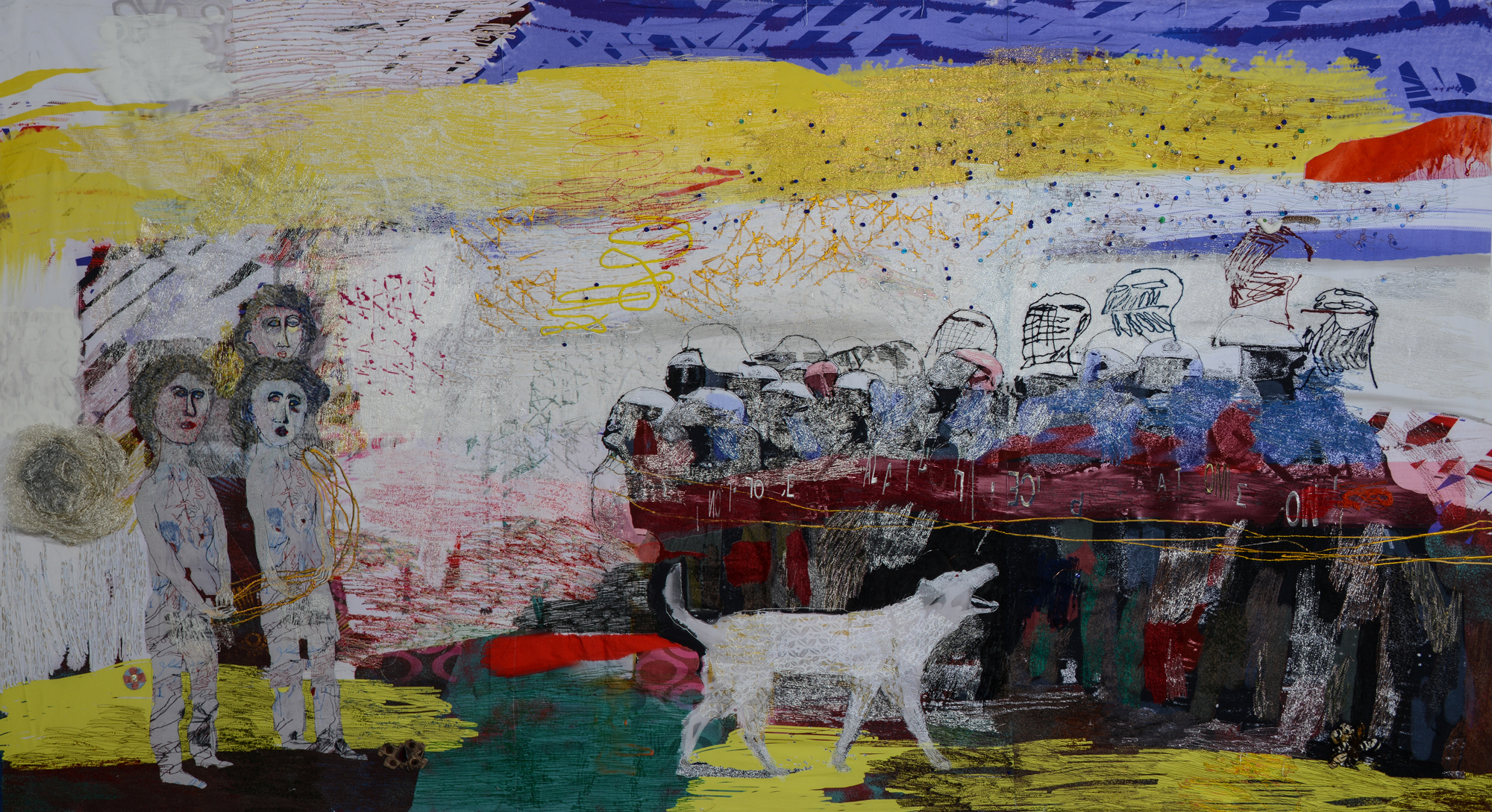 Alice Kettle, Loukanikos, the Dog and the Cat’s Cradle, 2015, garen, stof, glas, koperdraad, verf en veren op canvas - foto Joe Low.