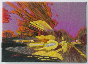 Pauline Nijenhuis - Snellandschap Oranje, handgeborduurd, 20 x 35 cm, 2016, foto Ivonne Zijp.